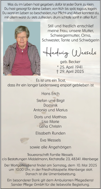 Anzeige von Hedwig Wessels 