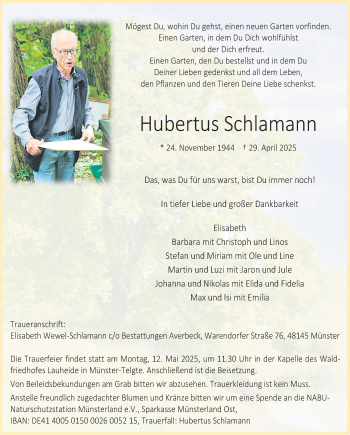 Anzeige von Hubertus Schlamann 