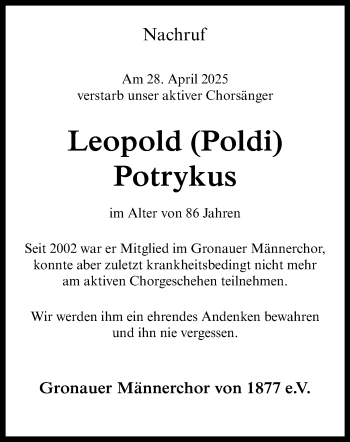 Anzeige von Leopold Potrykus 