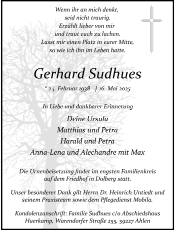 Anzeige von Gerhard Sudhues 