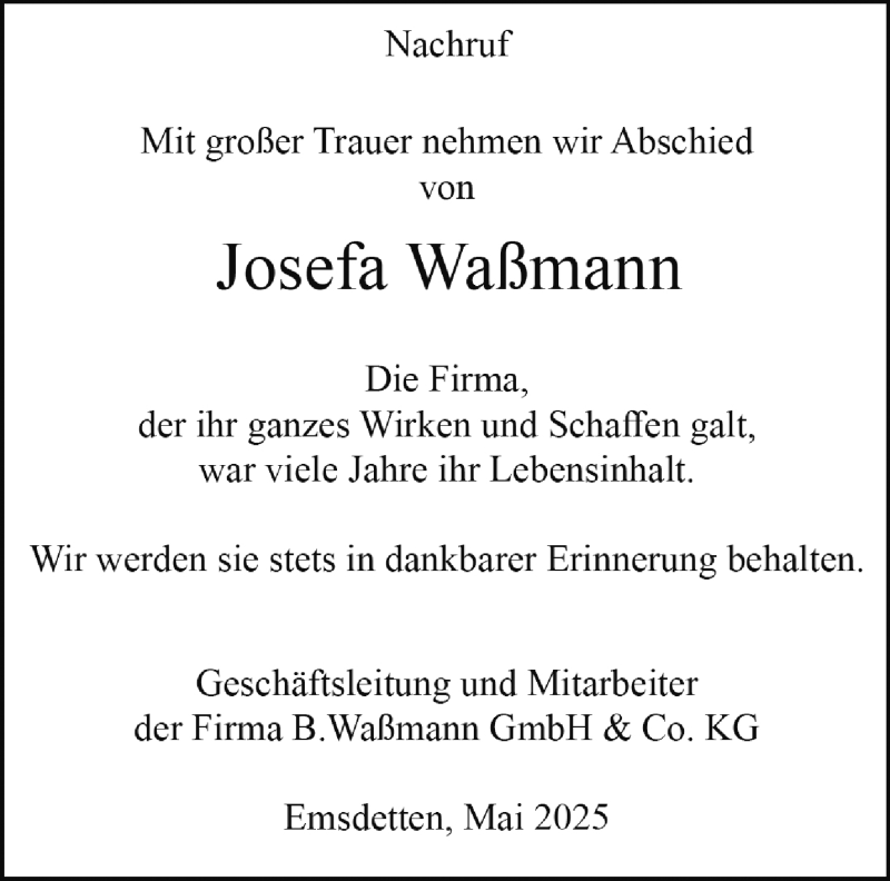  Traueranzeige für Josefa Wamann vom 30.05.2025 aus 