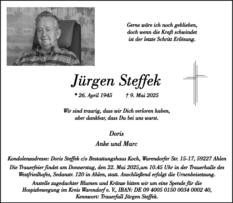  Traueranzeige für Jürgen Steffek vom 17.05.2025 aus 