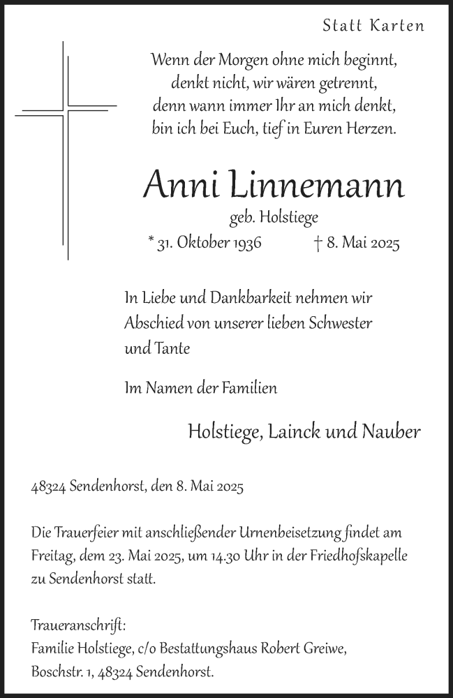  Traueranzeige für Anni Linnemann vom 17.05.2025 aus 