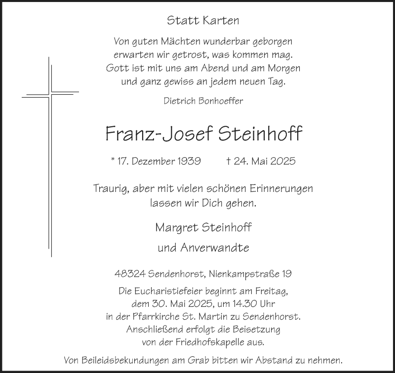  Traueranzeige für Franz-Josef Steinhoff vom 28.05.2025 aus 