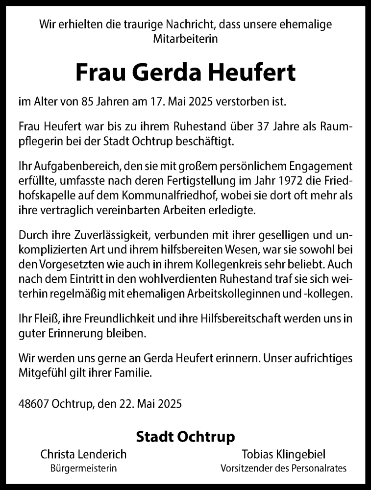  Traueranzeige für Gerda Heufert vom 22.05.2025 aus 