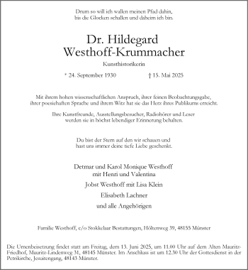 Anzeige von Hildegard Westhoff-Krummacher 