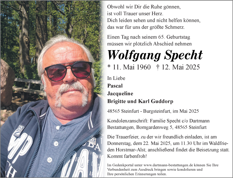  Traueranzeige für Wolfgang Specht vom 17.05.2025 aus 
