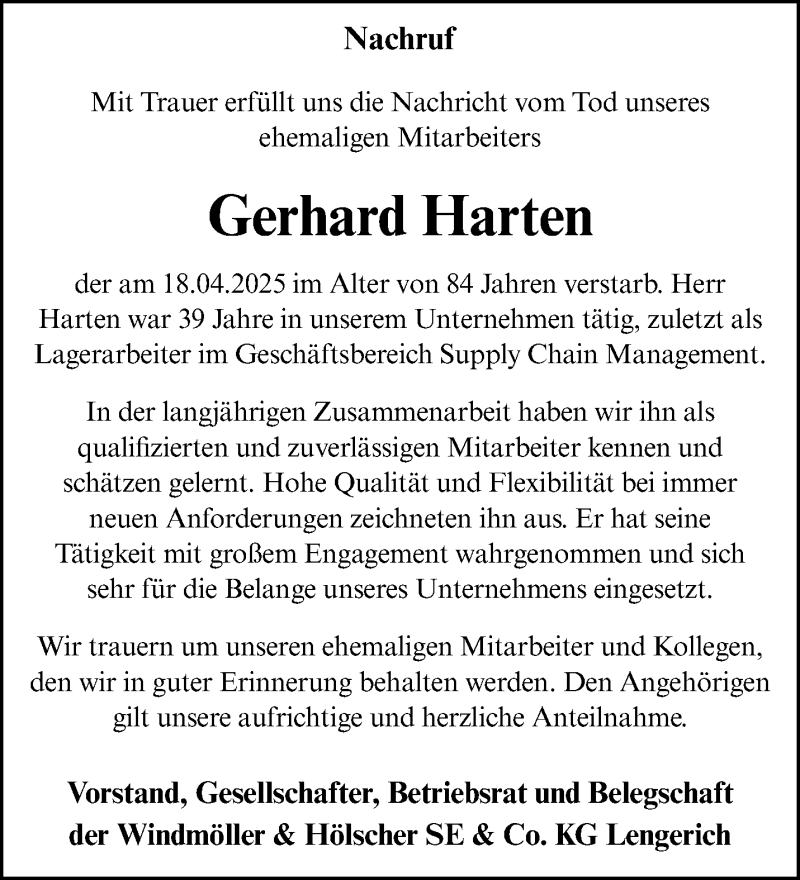  Traueranzeige für Gerhard Harten vom 05.05.2025 aus 
