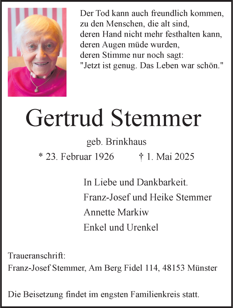  Traueranzeige für Gertrud Stemmer vom 10.05.2025 aus 