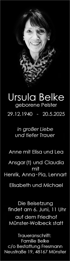  Traueranzeige für Ursula Belke vom 31.05.2025 aus 