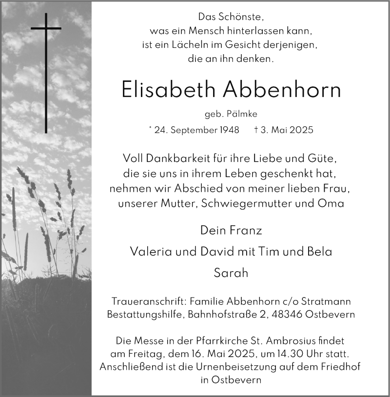  Traueranzeige für Elisabeth Abbenhorn vom 10.05.2025 aus 