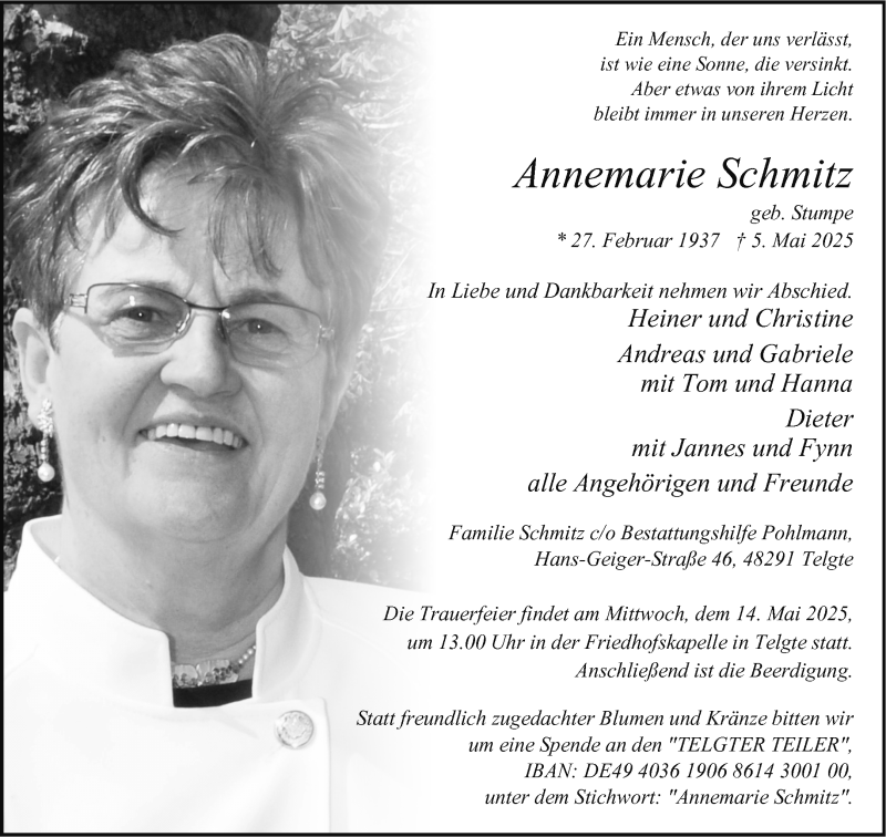  Traueranzeige für Annemarie Schmitz vom 10.05.2025 aus 