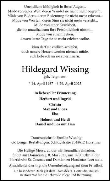 Anzeige von Hildegard Wissing 