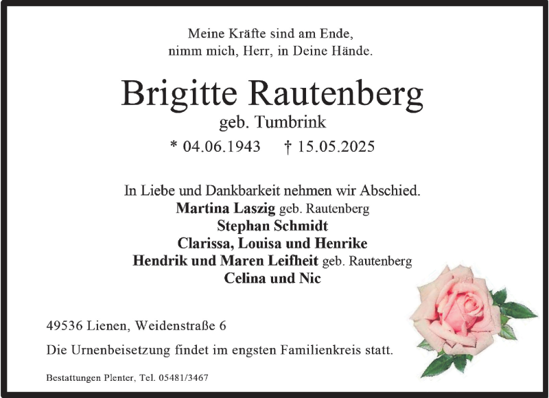  Traueranzeige für Brigitte Rautenberg vom 24.05.2025 aus 