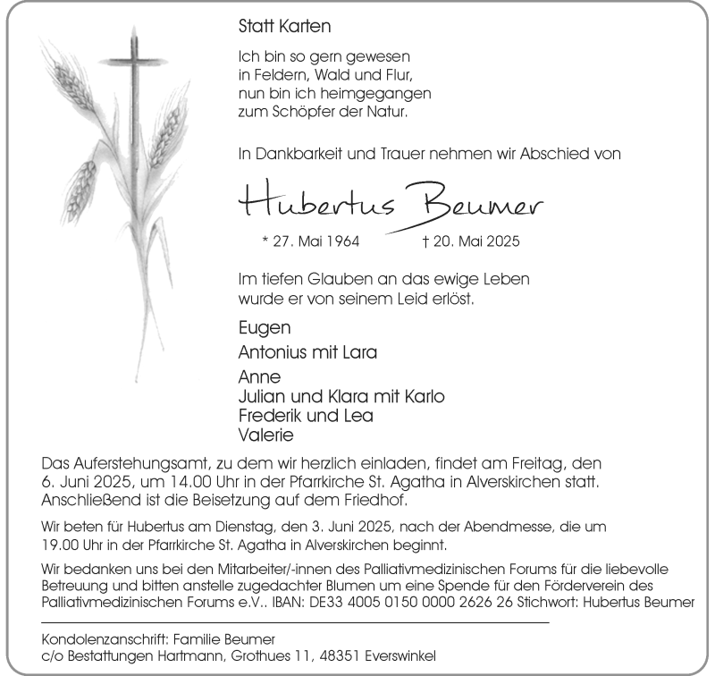  Traueranzeige für Hubertus Beumer vom 31.05.2025 aus 
