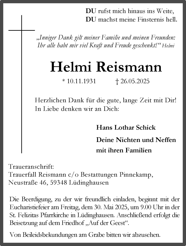  Traueranzeige für Helmi Reismann vom 28.05.2025 aus 