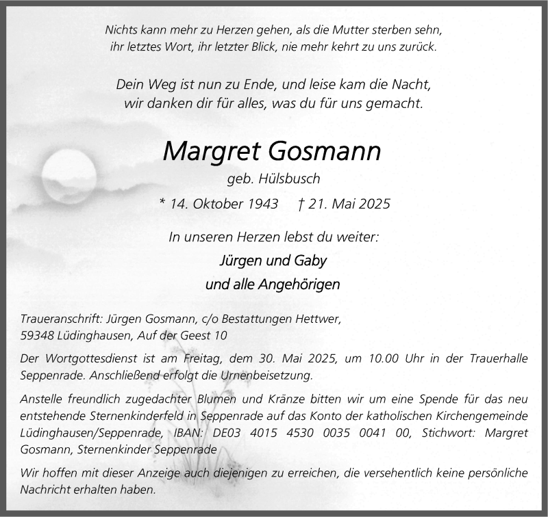  Traueranzeige für Margret Gosmann vom 24.05.2025 aus 
