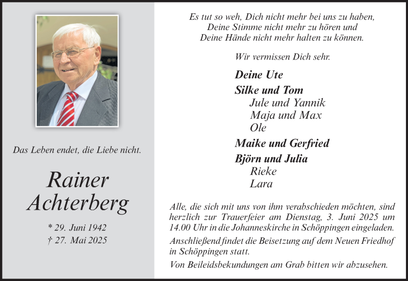  Traueranzeige für Rainer Achterberg vom 31.05.2025 aus 
