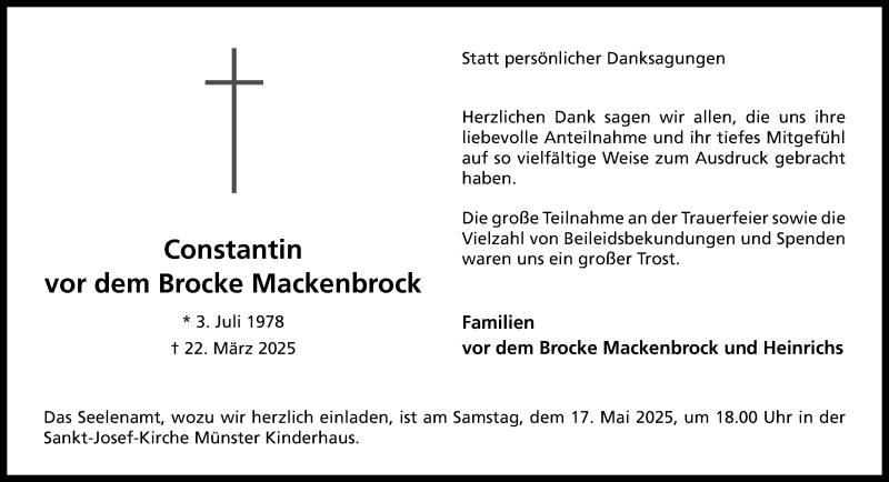  Traueranzeige für Constantin vor dem Brocke Mackenbrock vom 10.05.2025 aus 