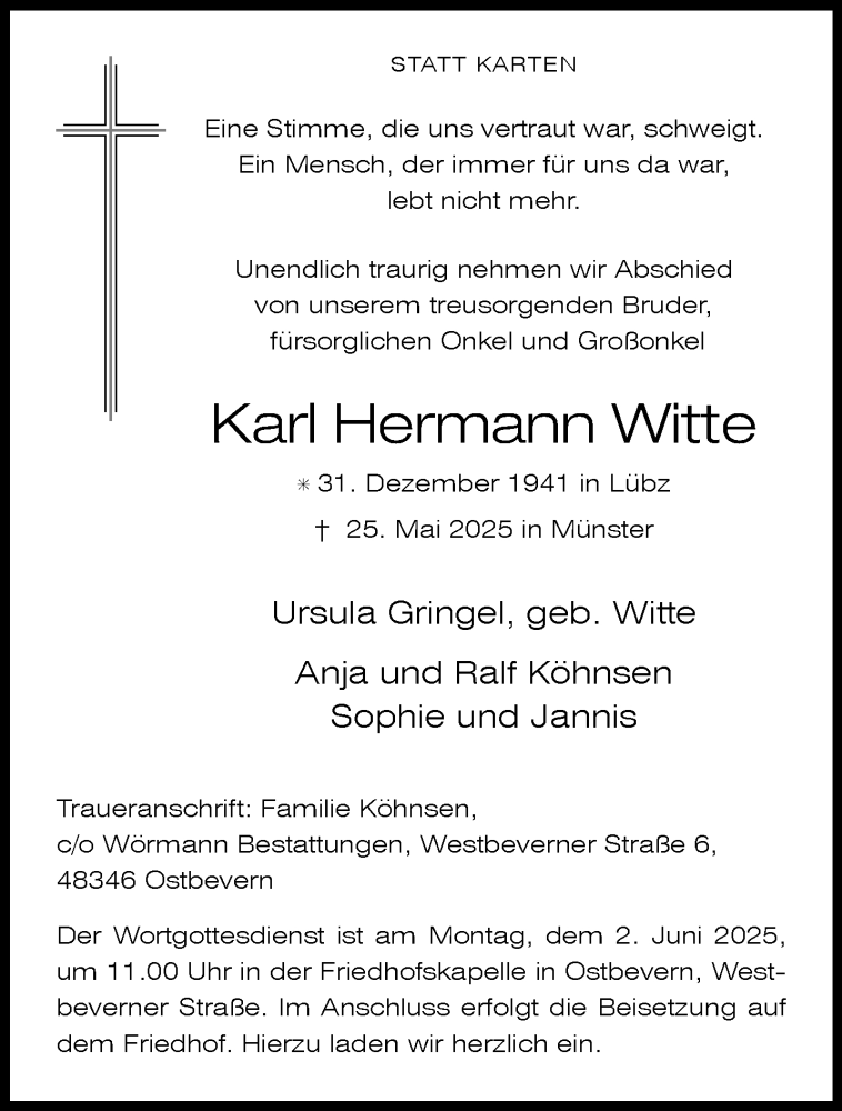  Traueranzeige für Karl Hermann Witte vom 31.05.2025 aus 