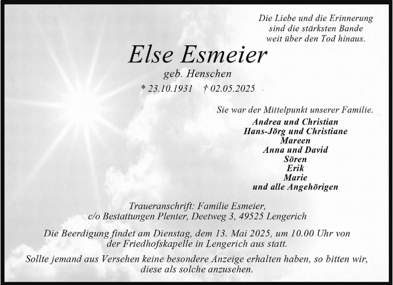  Traueranzeige für Else Esmeier vom 10.05.2025 aus 