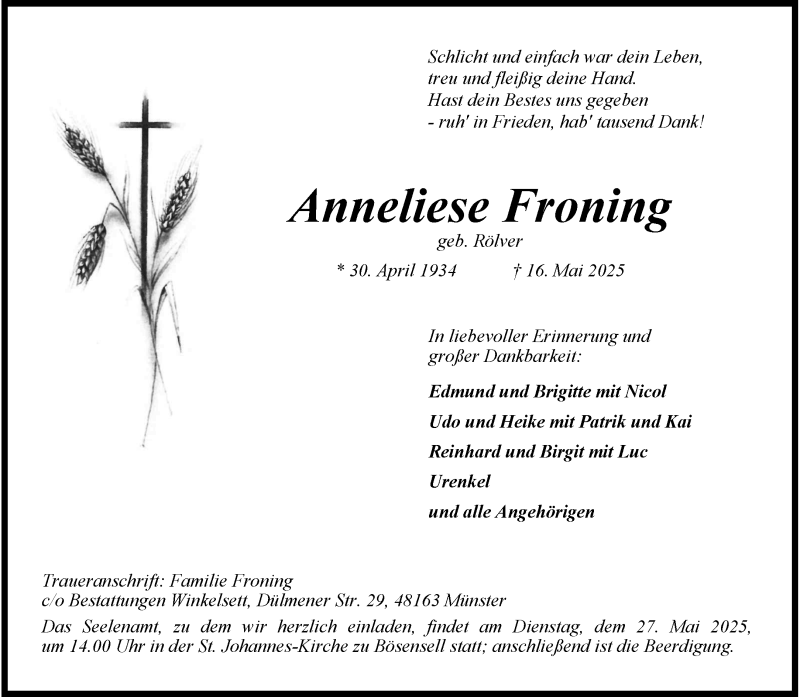  Traueranzeige für Anneliese Froning vom 24.05.2025 aus 