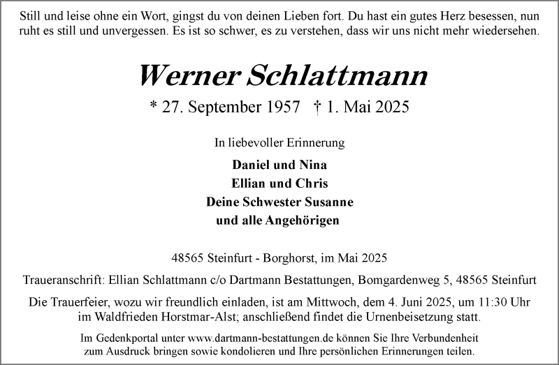  Traueranzeige für Werner Schlattmann vom 28.05.2025 aus 