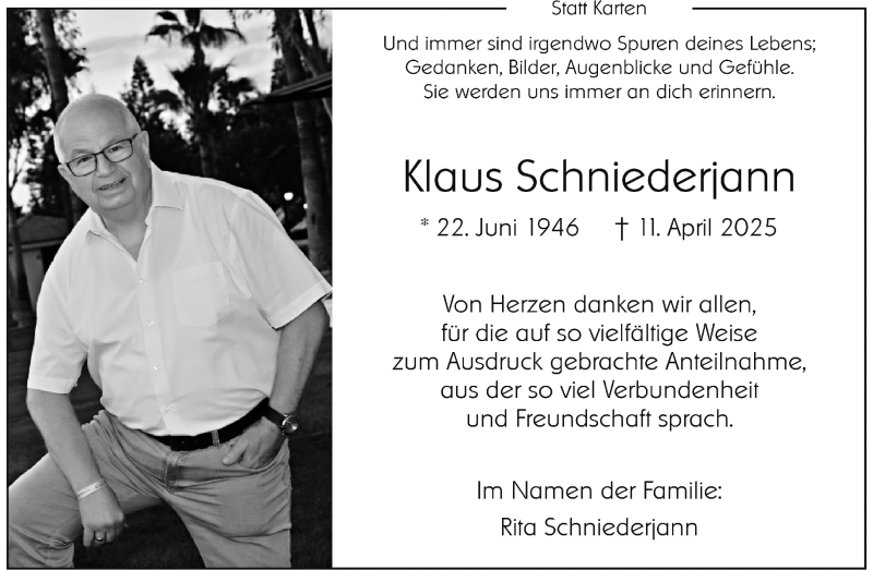  Traueranzeige für Klaus Schniederjann vom 31.05.2025 aus 