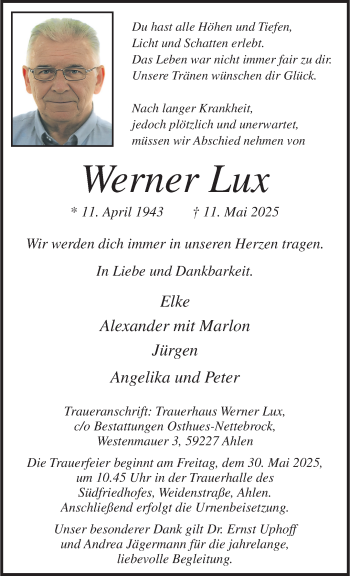 Anzeige von Werner Lux 