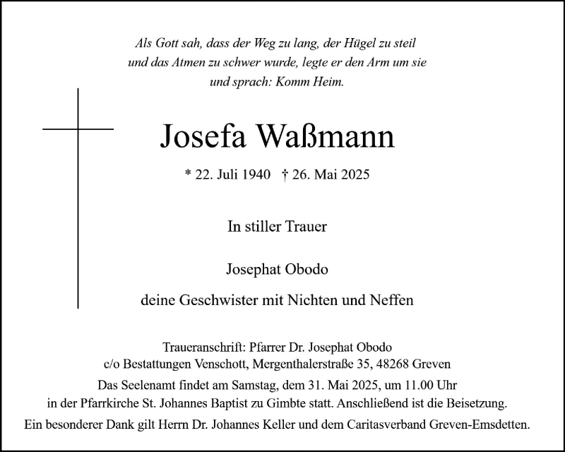  Traueranzeige für Josefa Waßmann vom 30.05.2025 aus 