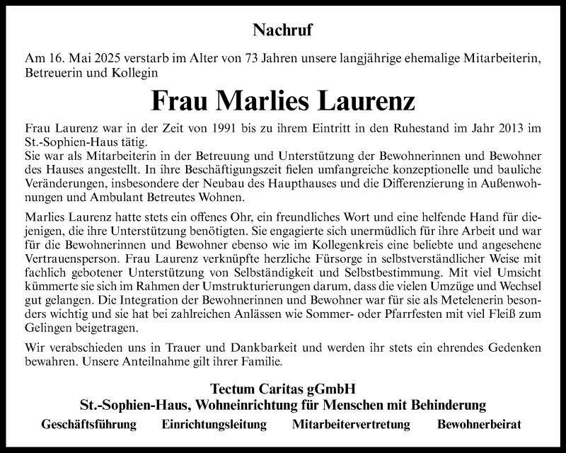  Traueranzeige für Marlies Laurenz vom 24.05.2025 aus 
