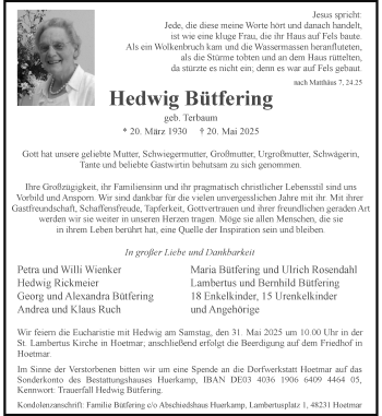Anzeige von Hedwig Bütfering 