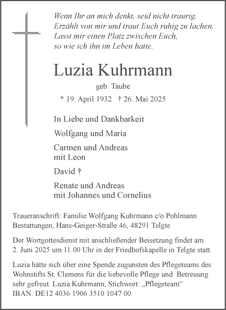  Traueranzeige für Luzia Kuhrmann vom 31.05.2025 aus 