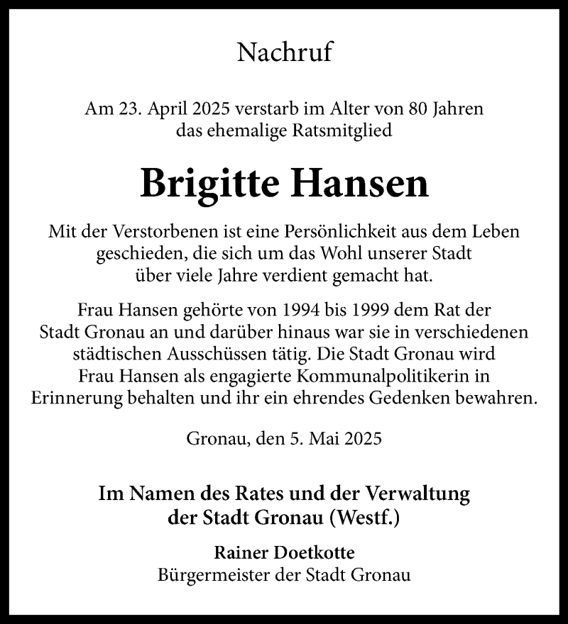  Traueranzeige für Brigitte Hansen vom 07.05.2025 aus 