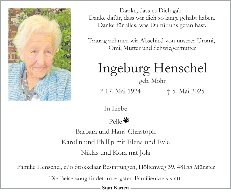  Traueranzeige für Ingeburg Henschel vom 10.05.2025 aus 