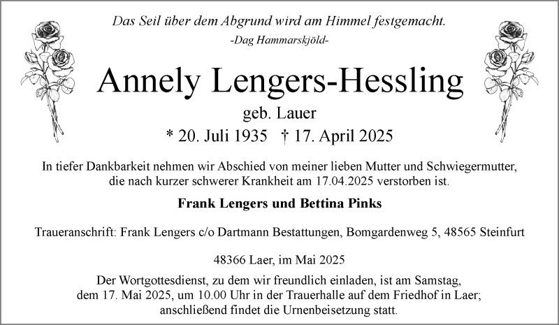  Traueranzeige für Annely Lengers-Hessling vom 10.05.2025 aus 