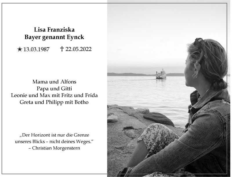  Traueranzeige für Lisa Franziska Bayer Genannt Eynck vom 22.05.2025 aus 