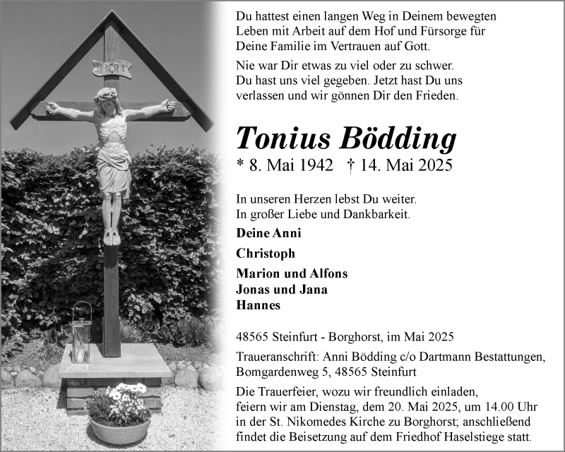  Traueranzeige für Tonius Bödding vom 17.05.2025 aus 