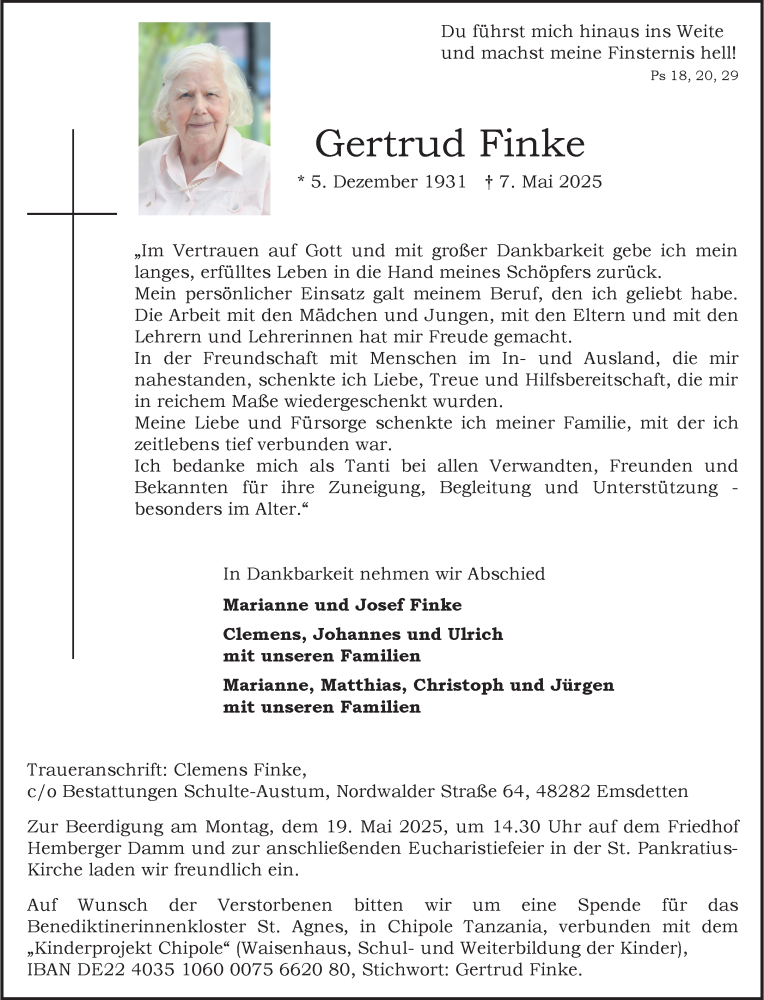  Traueranzeige für Gertrud Finke vom 14.05.2025 aus 