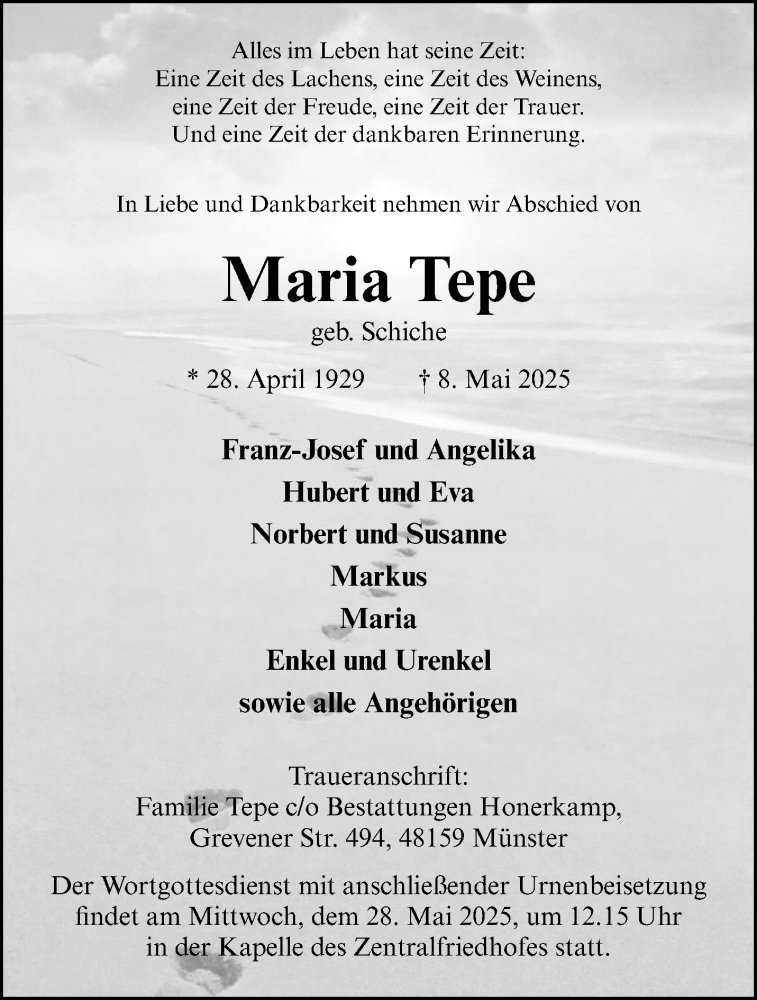  Traueranzeige für Maria Tepe vom 17.05.2025 aus 