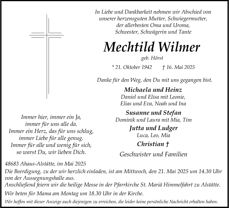  Traueranzeige für Mechtild Wilmer vom 17.05.2025 aus 