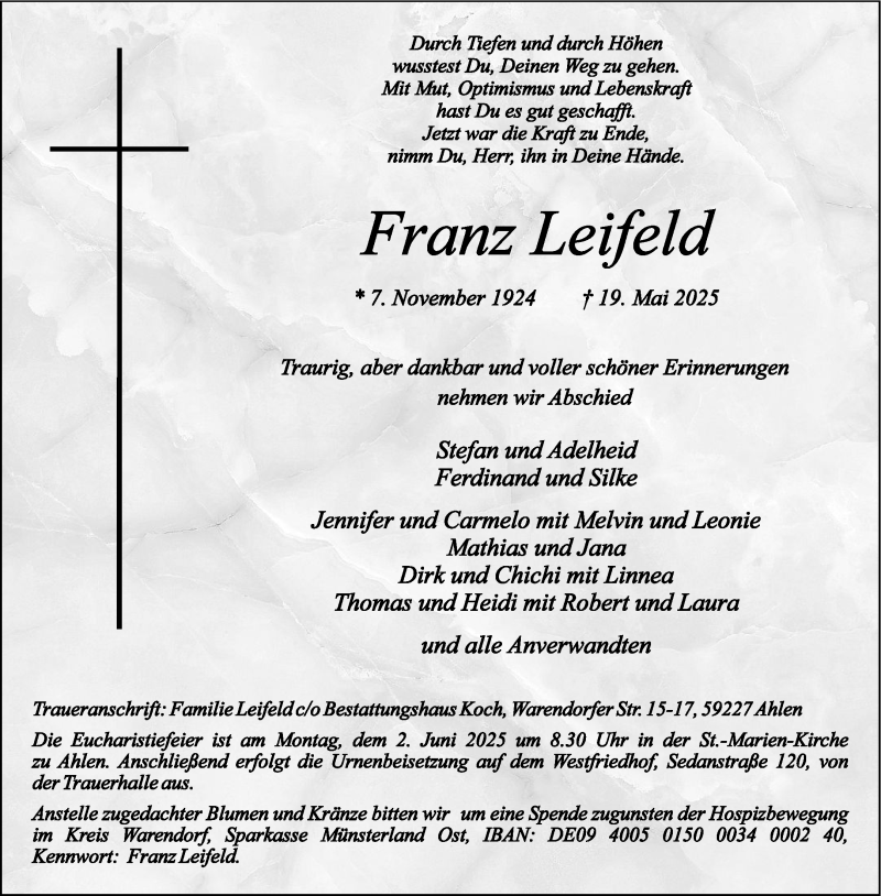  Traueranzeige für Franz Leifeld vom 28.05.2025 aus 
