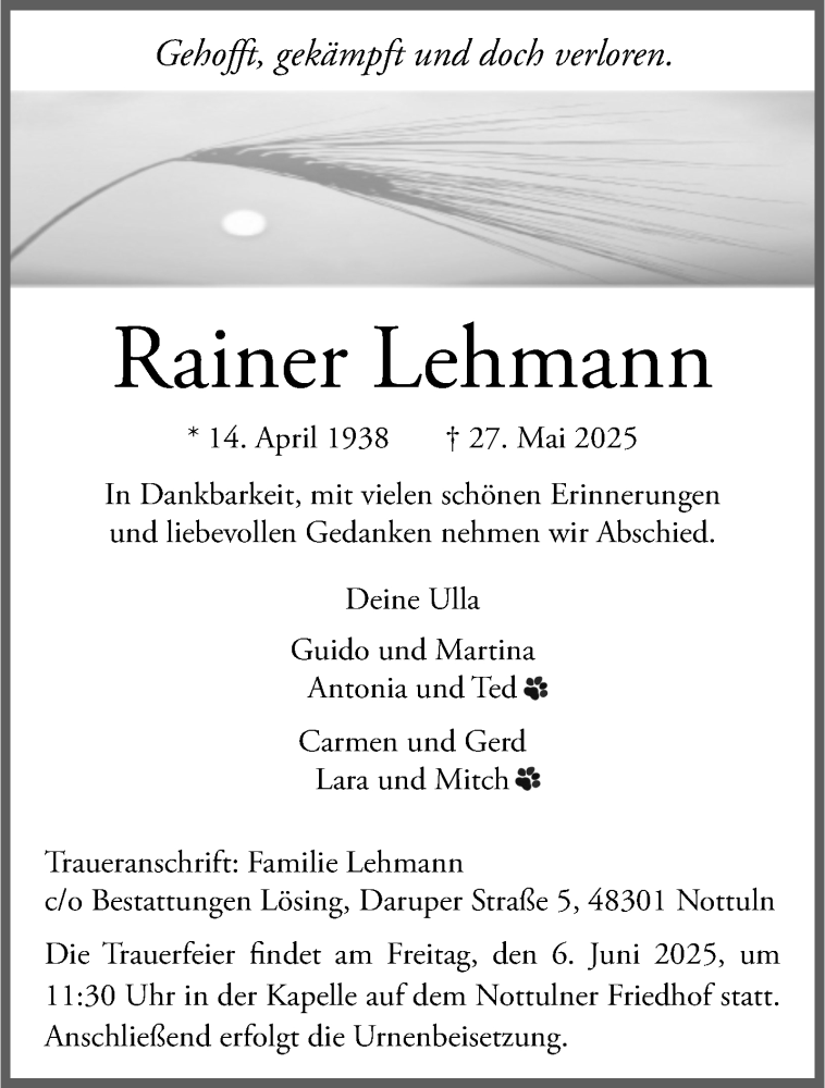  Traueranzeige für Rainer Lehmann vom 31.05.2025 aus 