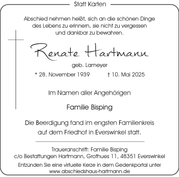 Anzeige von Renate Hartmann 