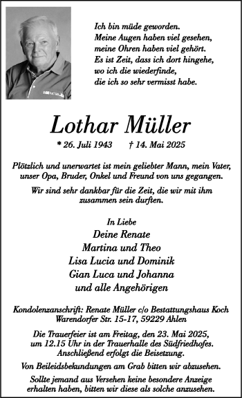 Anzeige von Lothar Müller 