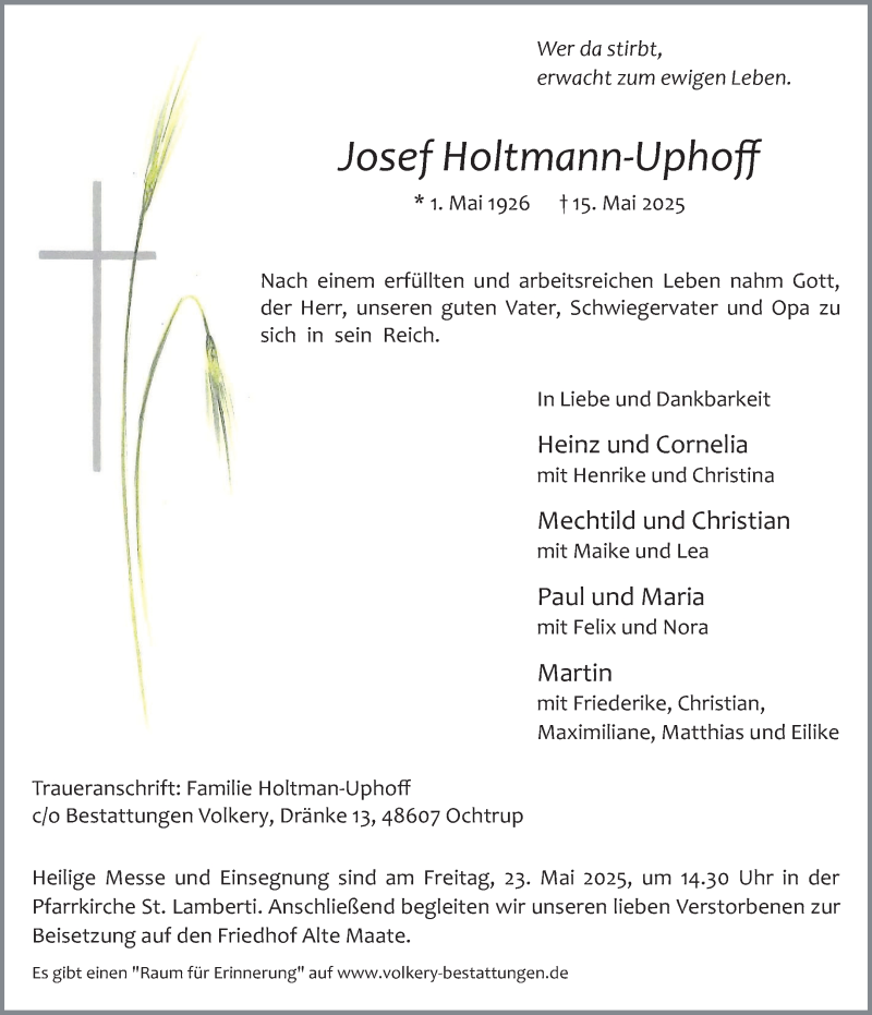  Traueranzeige für Josef Holtmann-Uphoff vom 21.05.2025 aus 