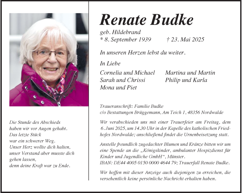  Traueranzeige für Renate Budke vom 31.05.2025 aus 