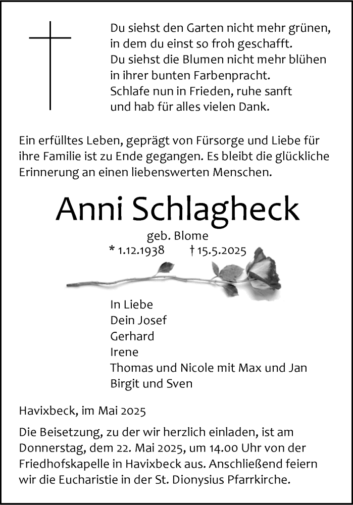  Traueranzeige für Anni Schlagheck vom 17.05.2025 aus 