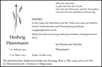 Anzeige von Hedwig Huesmann 