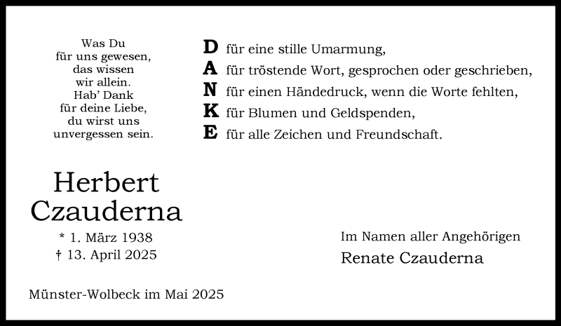  Traueranzeige für Herbert Czauderna vom 31.05.2025 aus 
